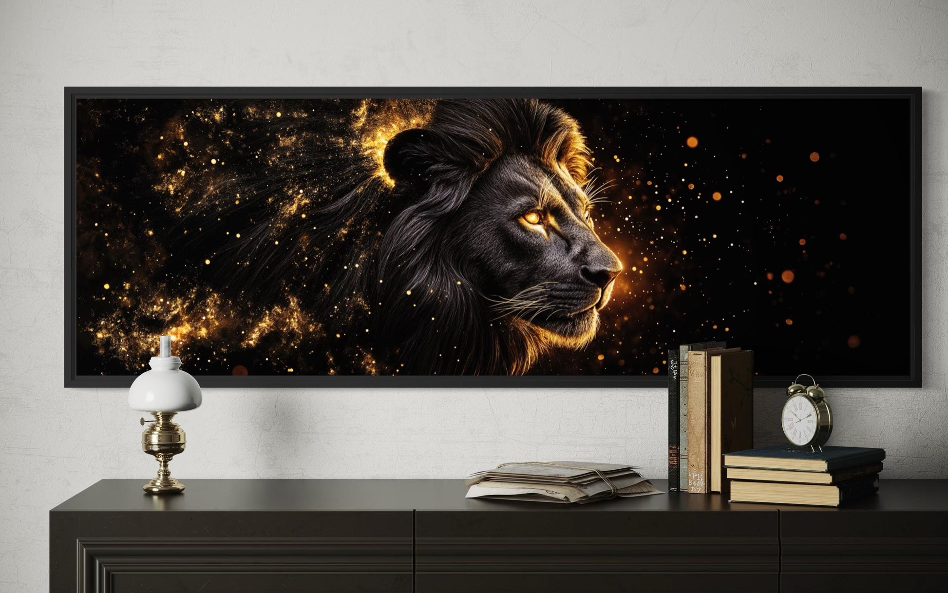 Black Gold Lion Art - Masculine Long Horizontal Canvas | Man Cave Or Office Wall Decor