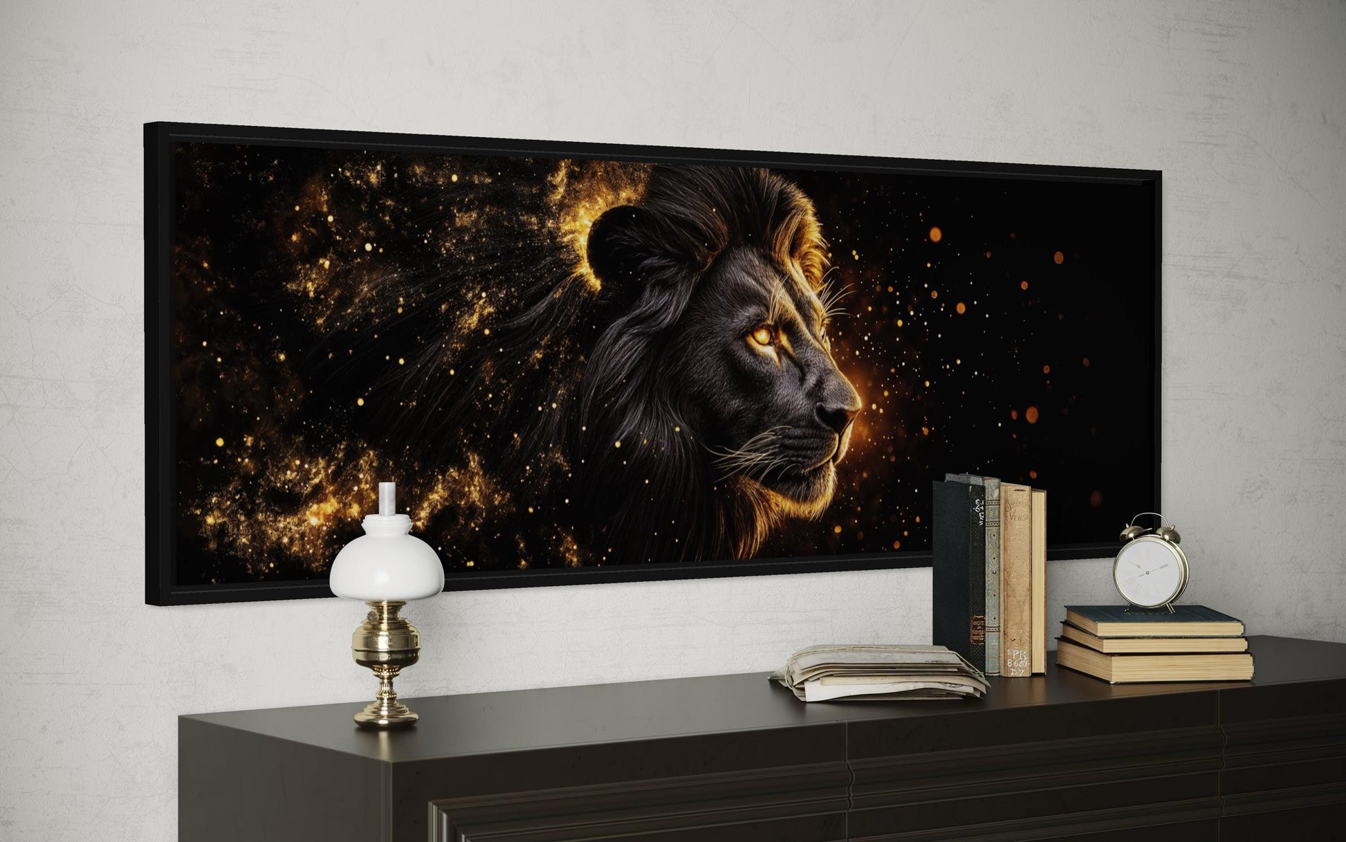 Black Gold Lion Art - Masculine Long Horizontal Canvas | Man Cave Or Office Wall Decor