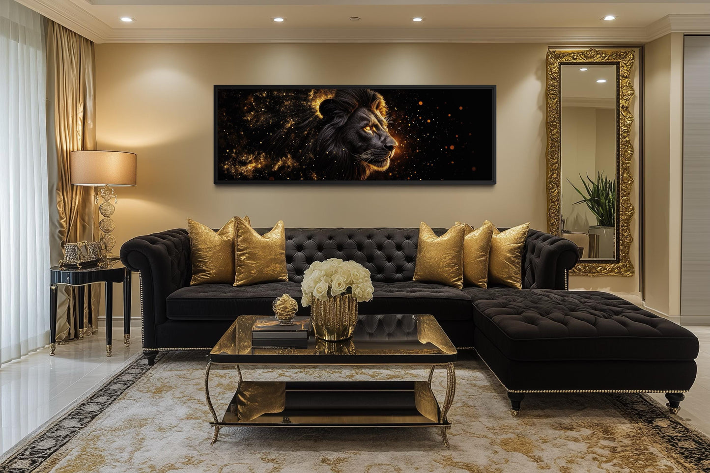 Black Gold Lion Art - Masculine Long Horizontal Canvas | Man Cave Or Office Wall Decor
