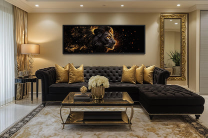 Black Gold Lion Art - Masculine Long Horizontal Canvas | Man Cave Or Office Wall Decor