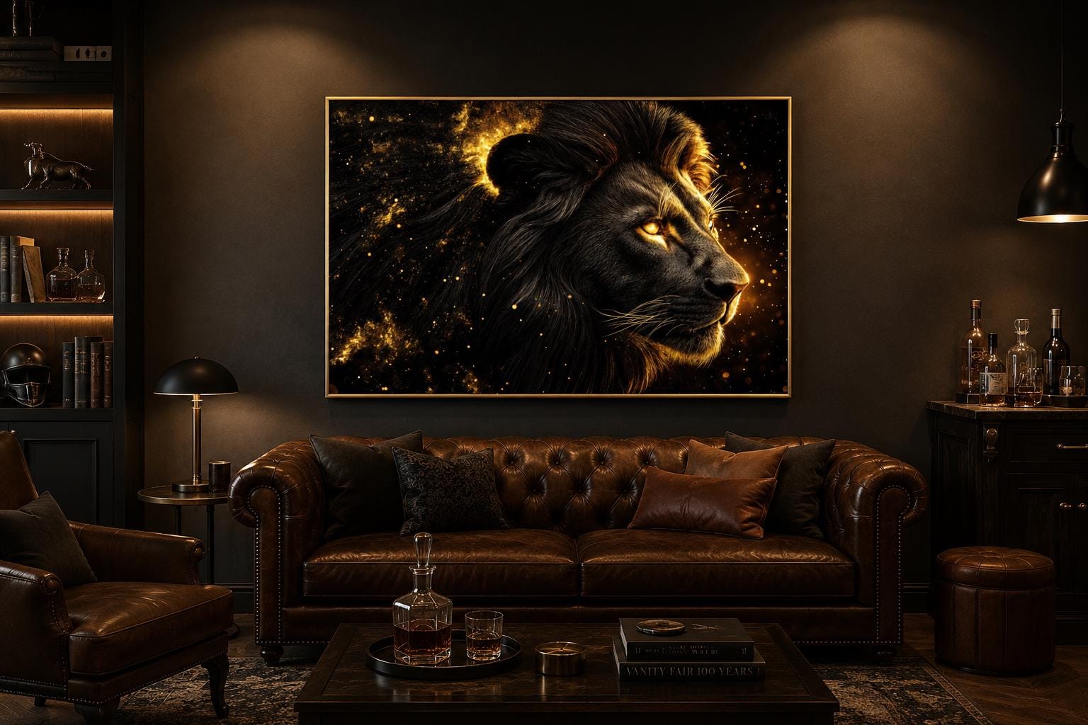 Black Gold Lion Profile Canvas Wall Art With Cosmic Background