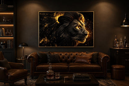 Black Gold Lion Profile Canvas Wall Art With Cosmic Background