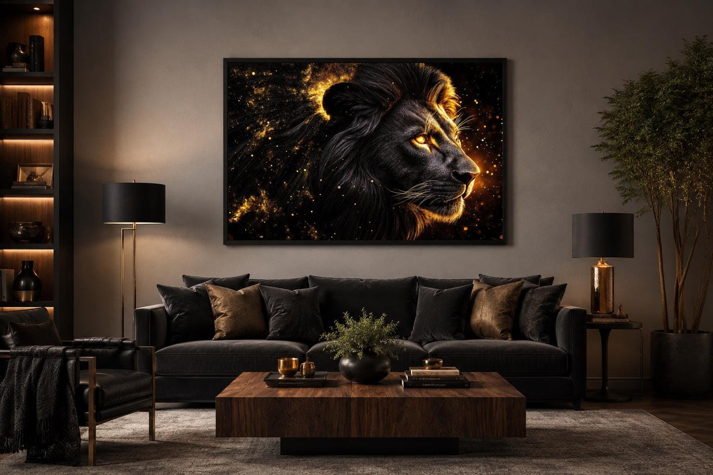 Black Gold Lion Profile Canvas Wall Art With Cosmic Background