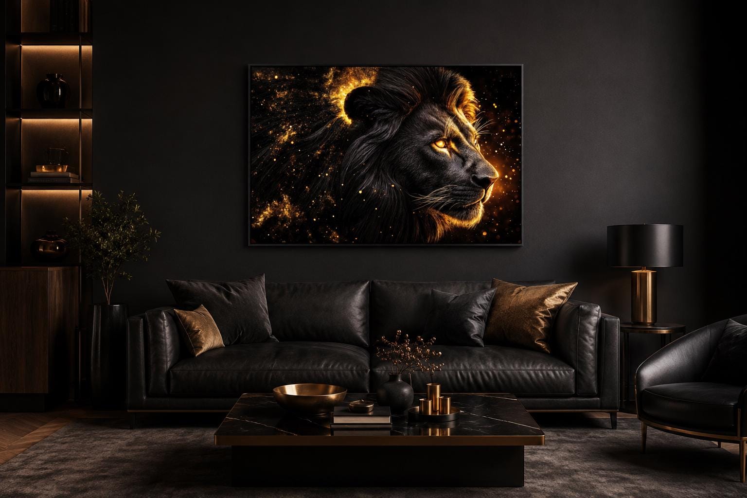 Black Gold Lion Profile Canvas Wall Art With Cosmic Background