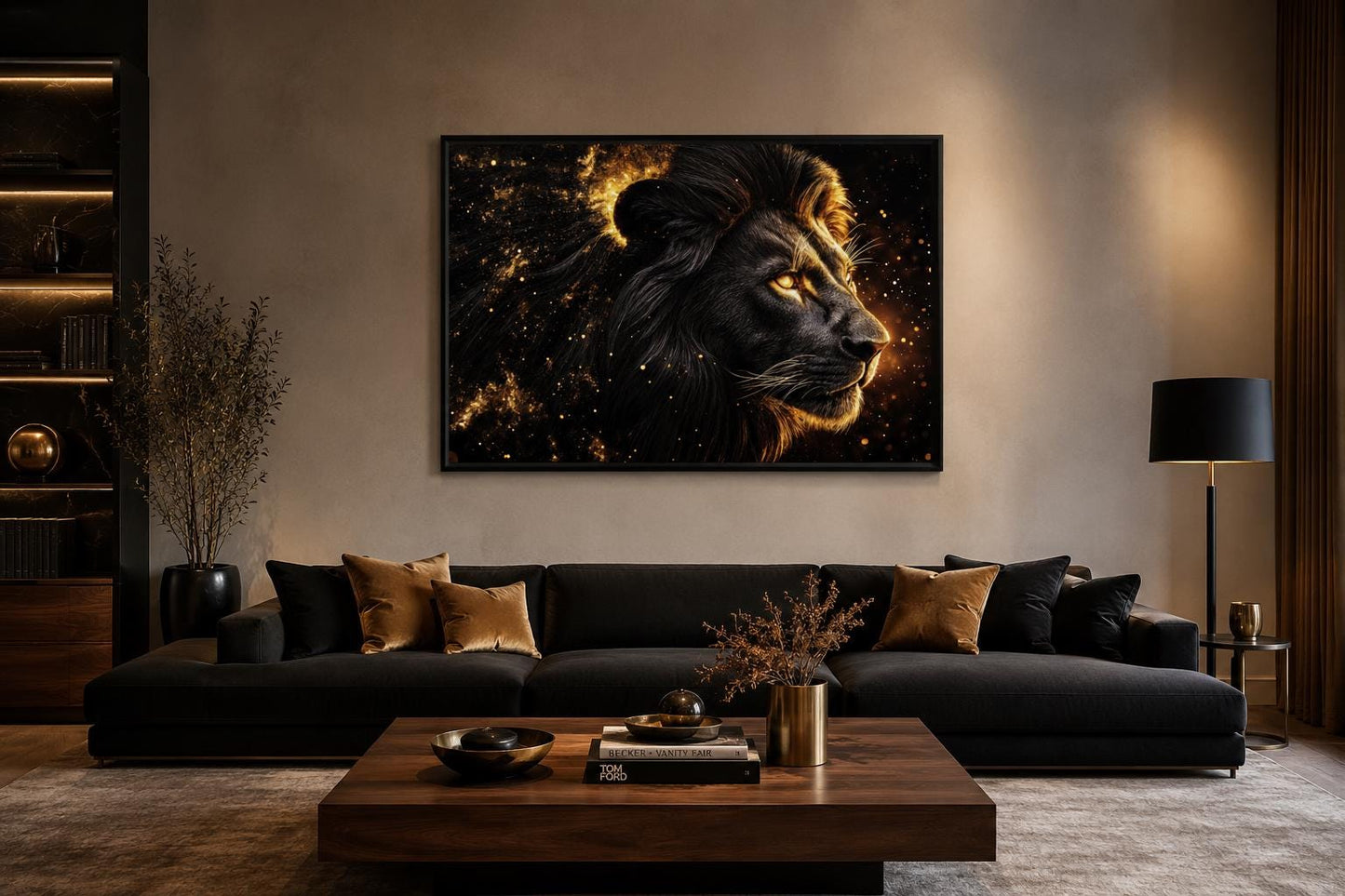 Black Gold Lion Profile Canvas Wall Art With Cosmic Background