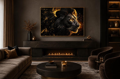 Black Gold Lion Profile Canvas Wall Art With Cosmic Background