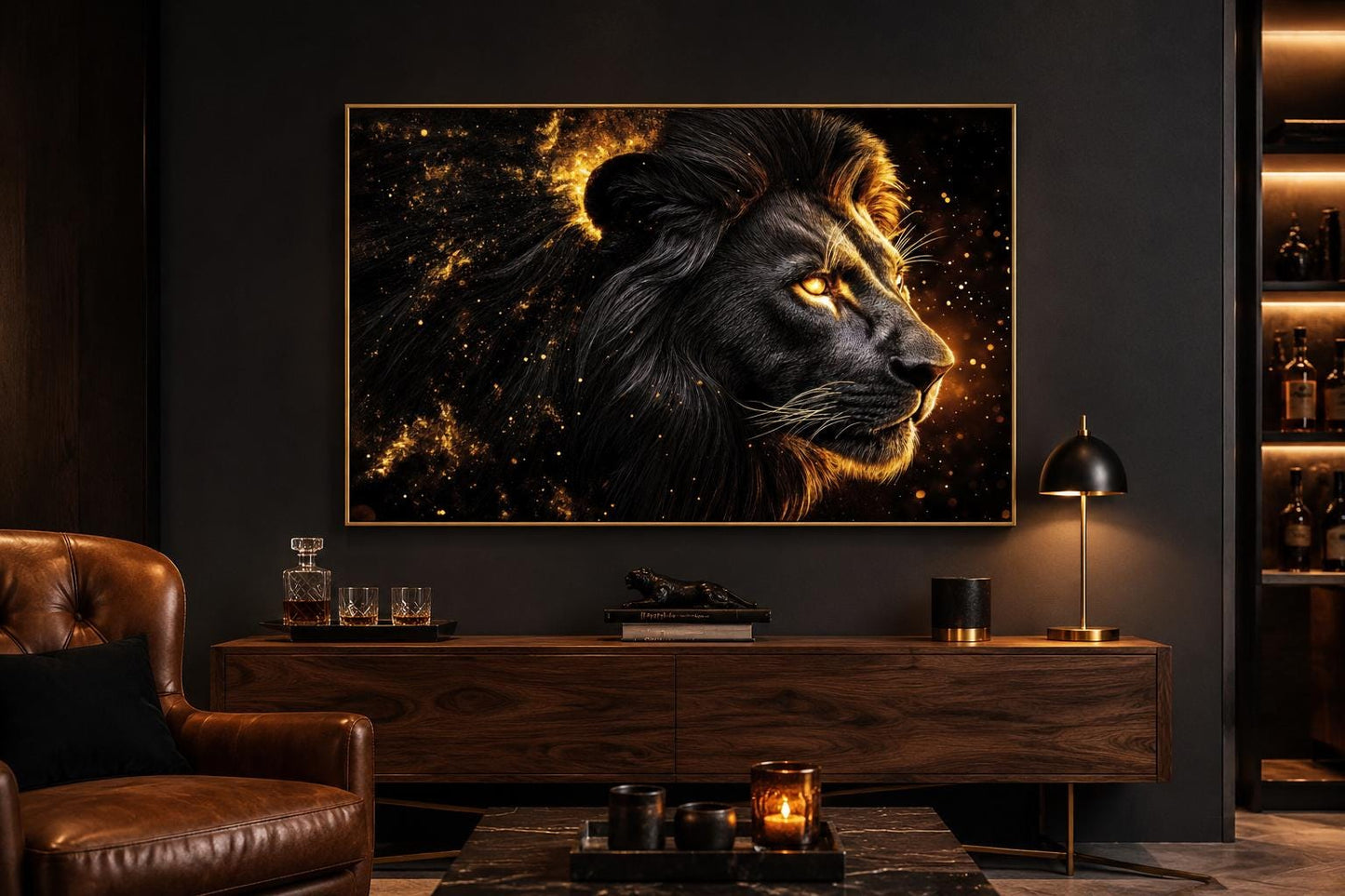 Black Gold Lion Profile Canvas Wall Art With Cosmic Background