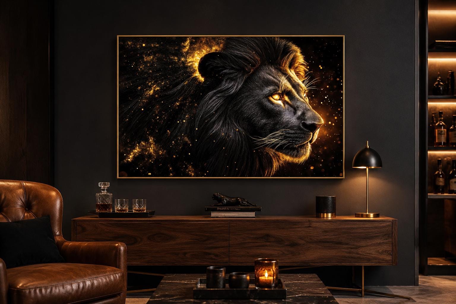 Black Gold Lion Profile Canvas Wall Art With Cosmic Background