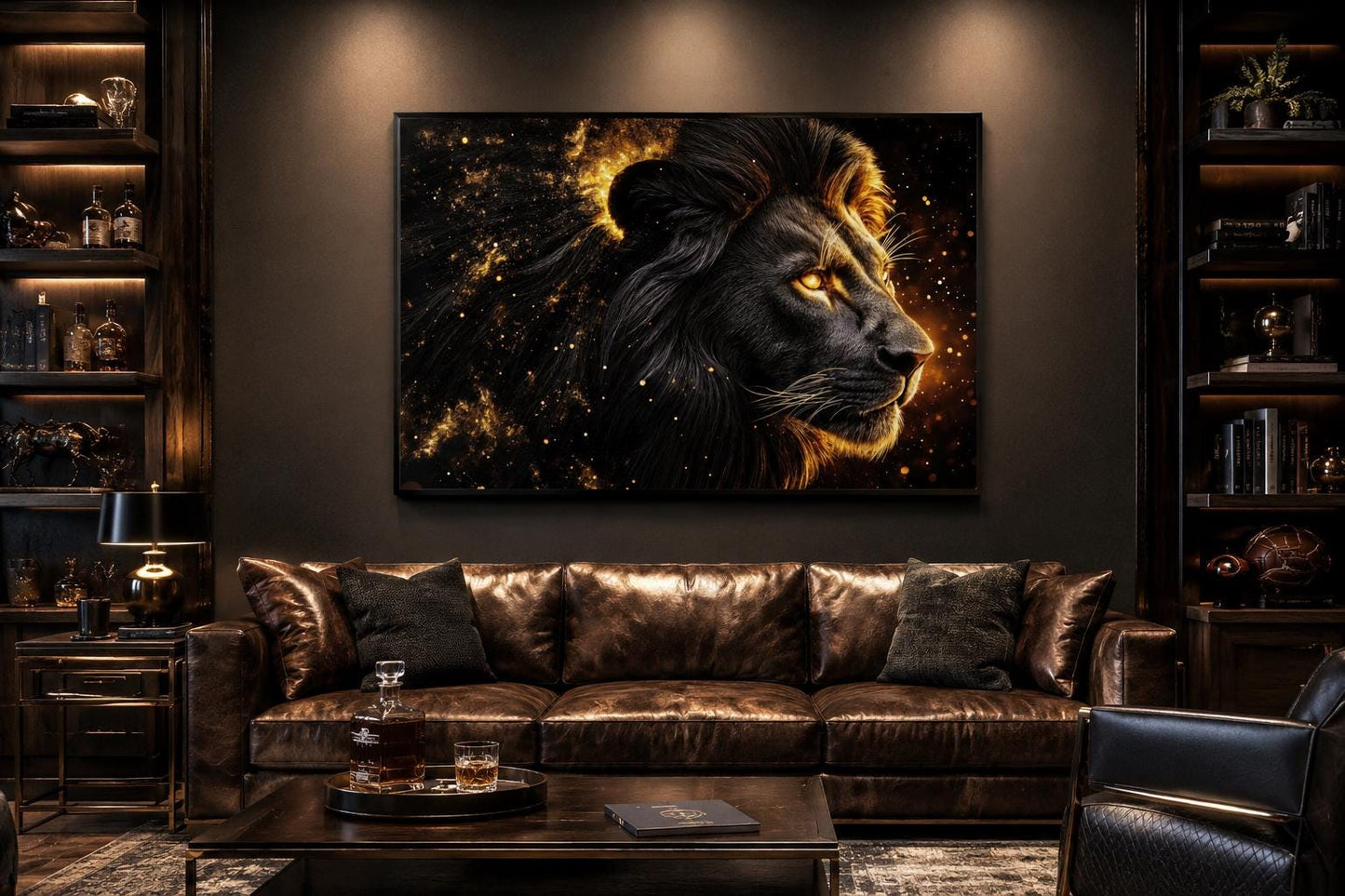 Black Gold Lion Profile Canvas Wall Art With Cosmic Background