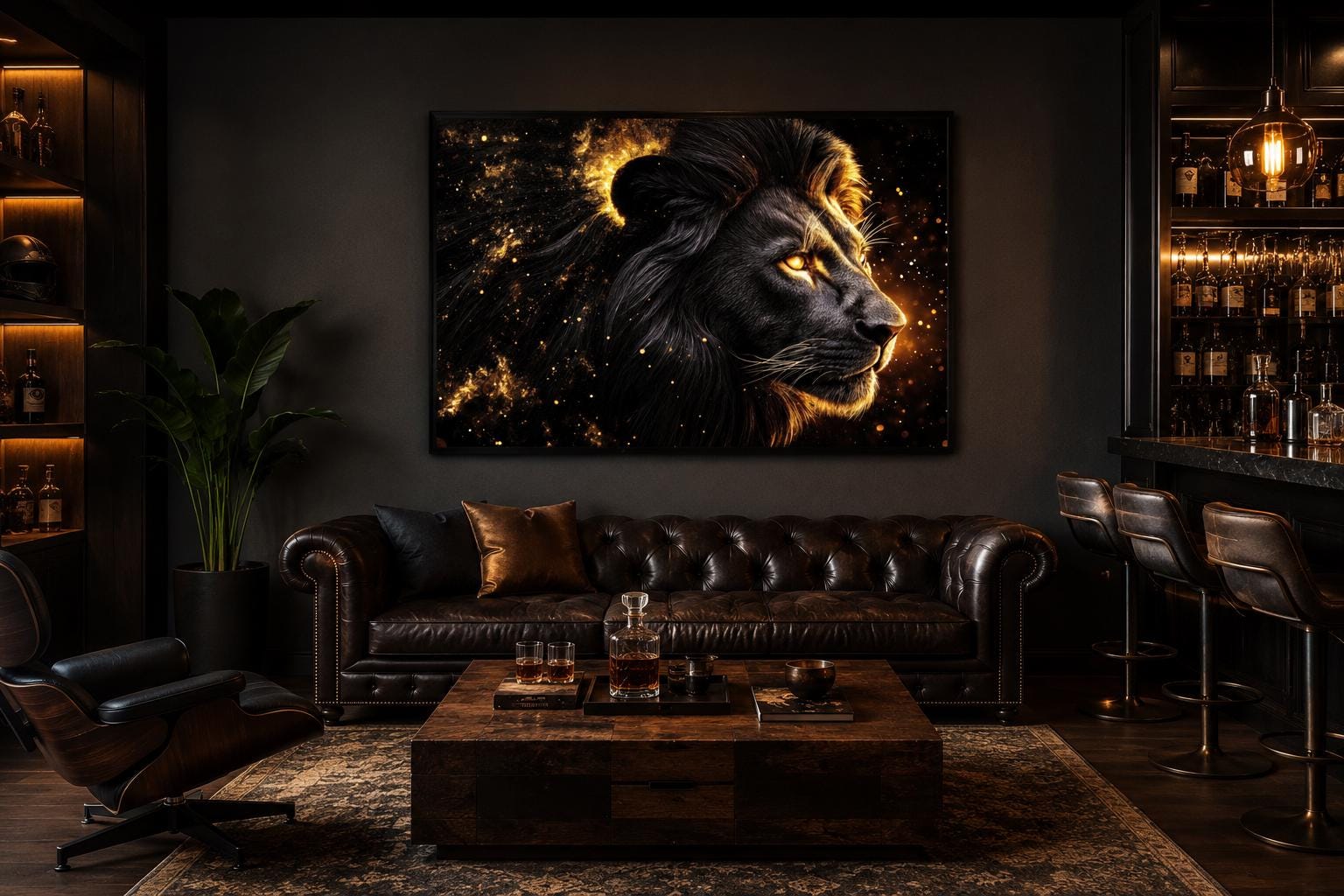 Black Gold Lion Profile Canvas Wall Art With Cosmic Background