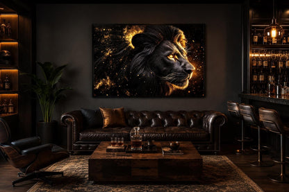 Black Gold Lion Profile Canvas Wall Art With Cosmic Background