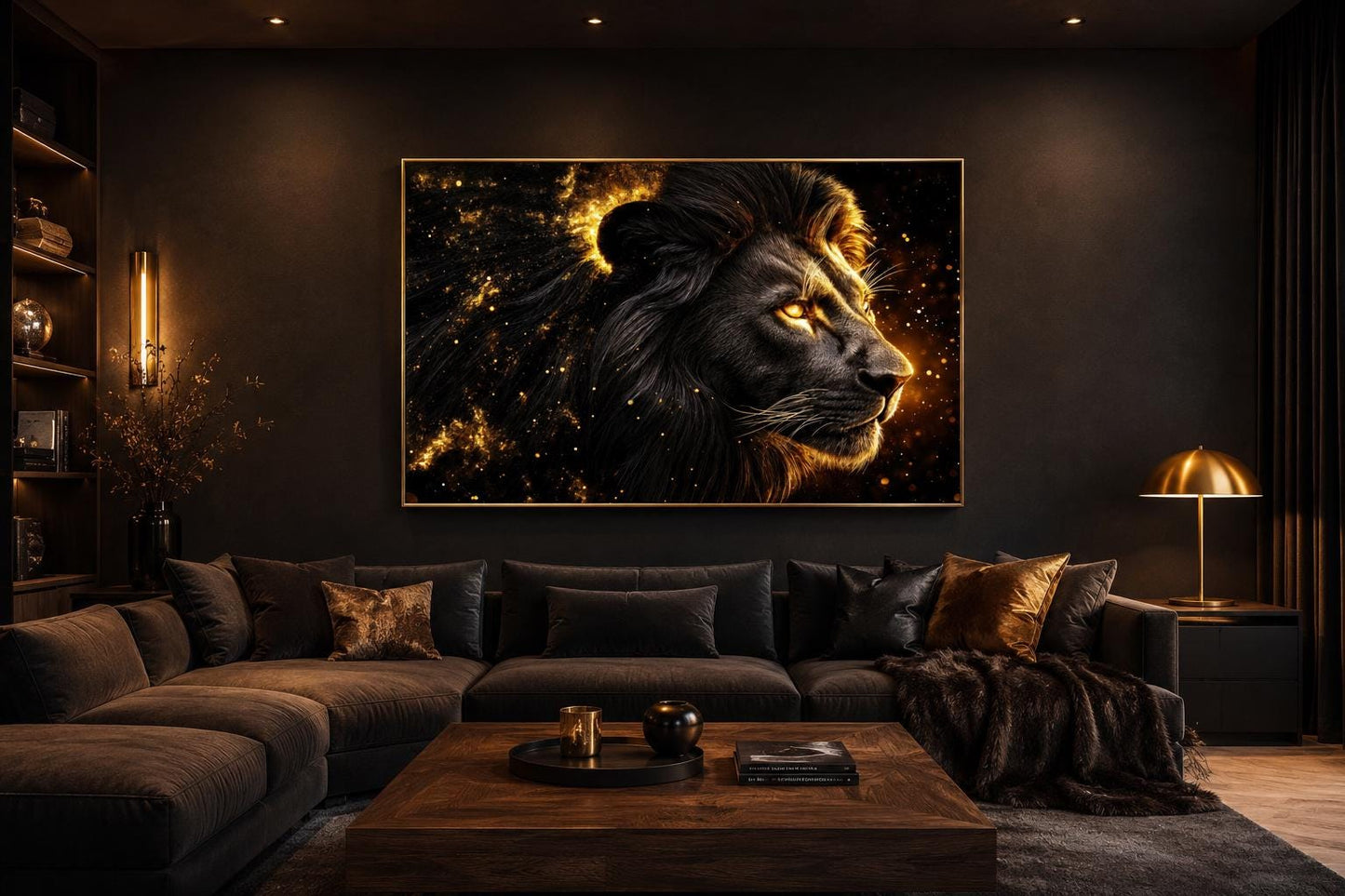 Black Gold Lion Profile Canvas Wall Art With Cosmic Background