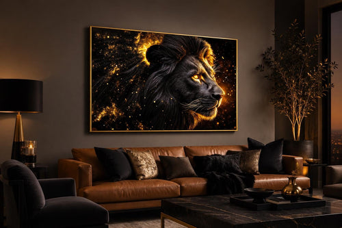 Black Gold Lion Profile Canvas Wall Art With Cosmic Background