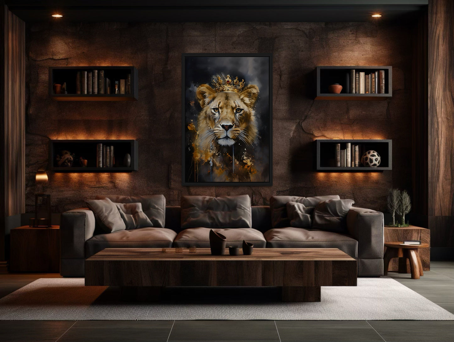 Black Gold Lioness Queen With Crown Framed Canvas Wall Art - Women's Office Decor