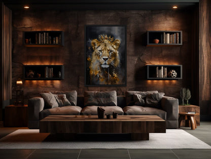 Black Gold Lioness Queen With Crown Framed Canvas Wall Art - Women's Office Decor