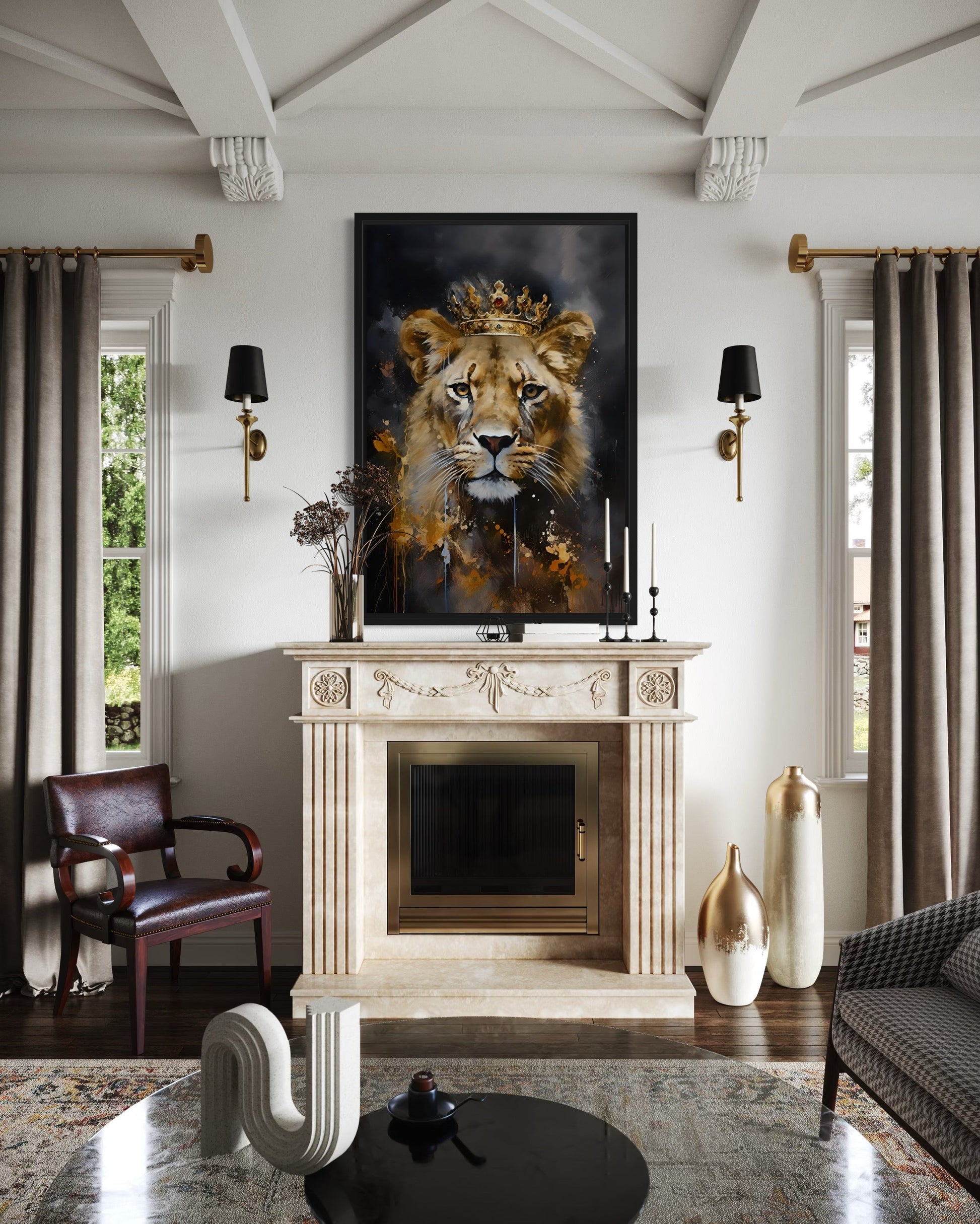 Black Gold Lioness Queen With Crown Framed Canvas Wall Art - Women's Office Decor