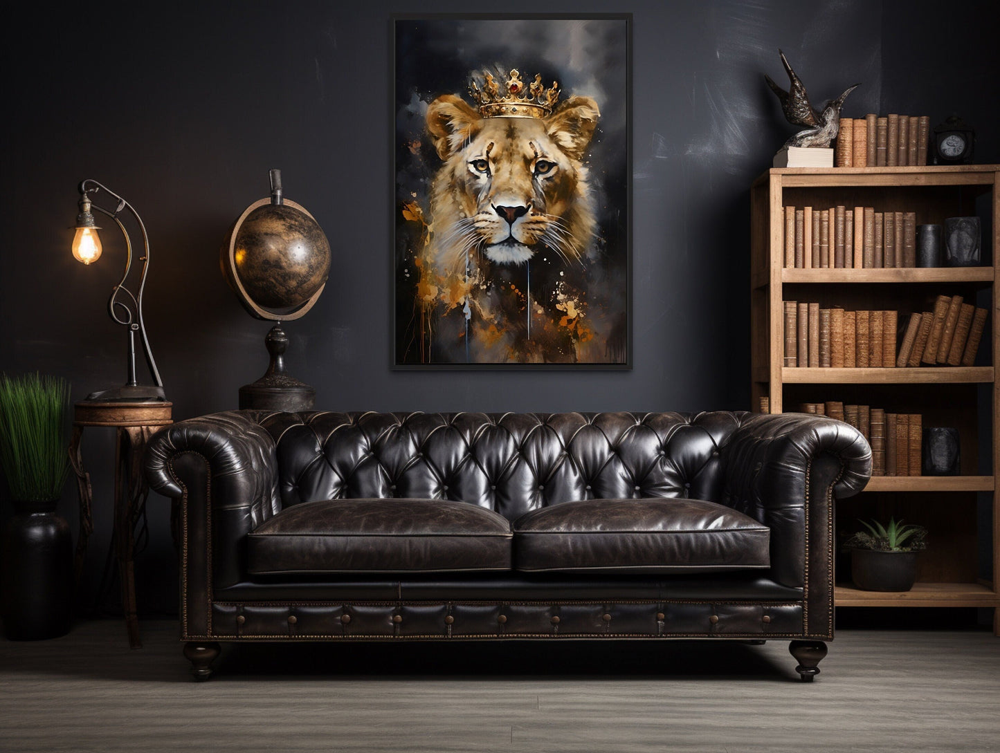 Black Gold Lioness Queen With Crown Framed Canvas Wall Art - Women's Office Decor