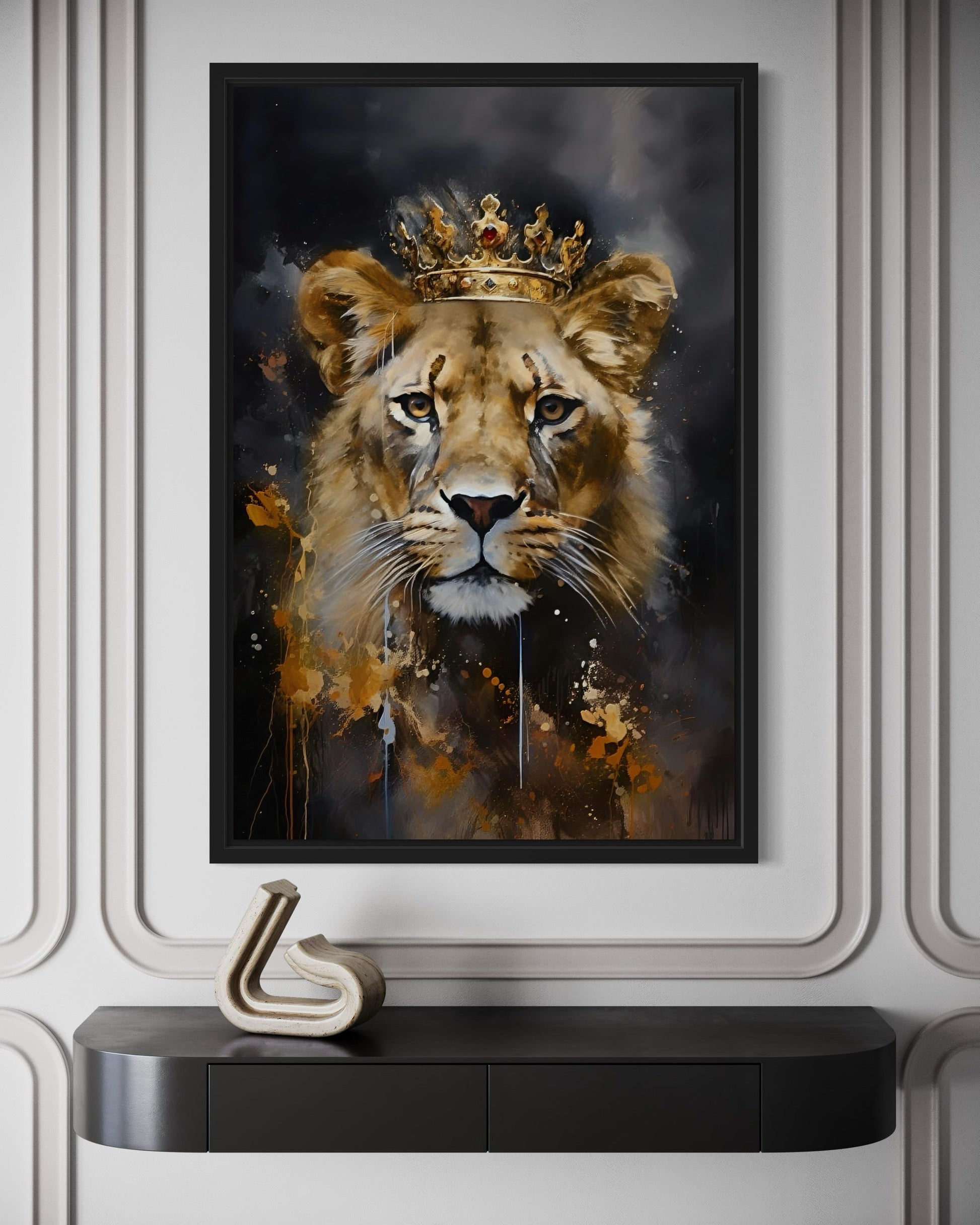 Black Gold Lioness Queen With Crown Framed Canvas Wall Art - Women's Office Decor
