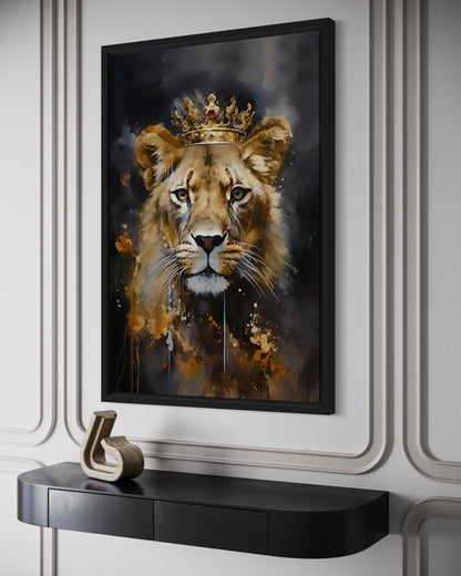 Black Gold Lioness Queen With Crown Framed Canvas Wall Art - Women's Office Decor