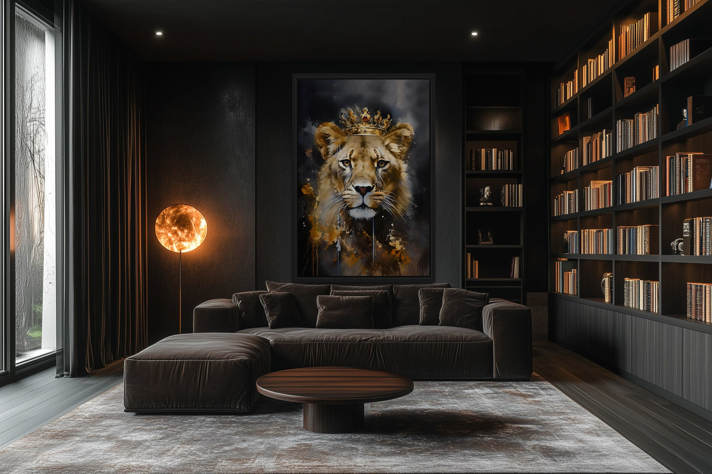 Black Gold Lioness Queen With Crown Framed Canvas Wall Art - Women's Office Decor