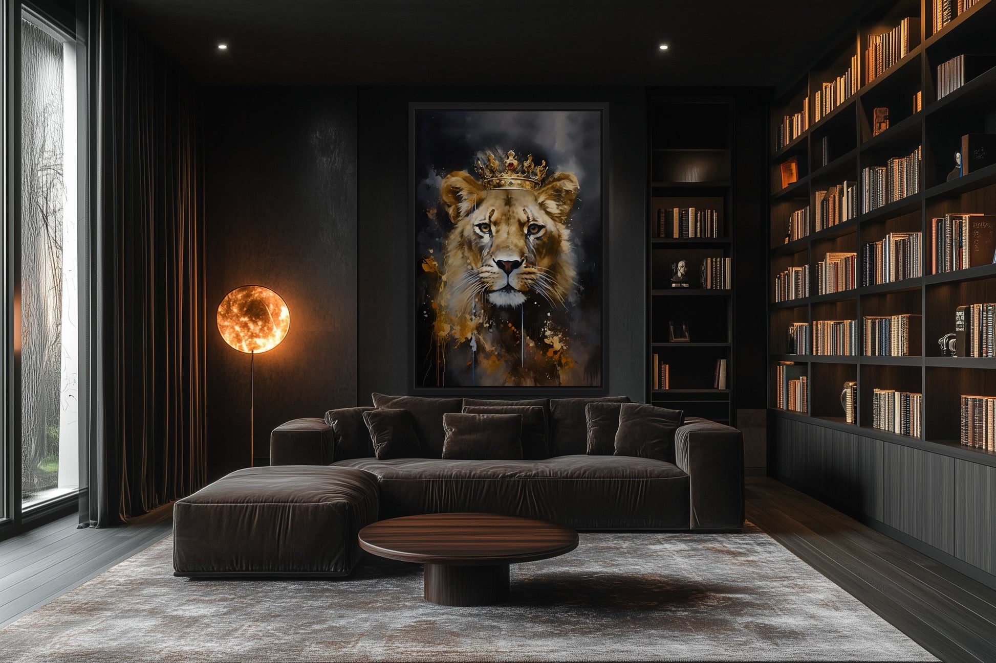 Black Gold Lioness Queen With Crown Framed Canvas Wall Art - Women's Office Decor