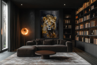 Black Gold Lioness Queen With Crown Framed Canvas Wall Art - Women's Office Decor