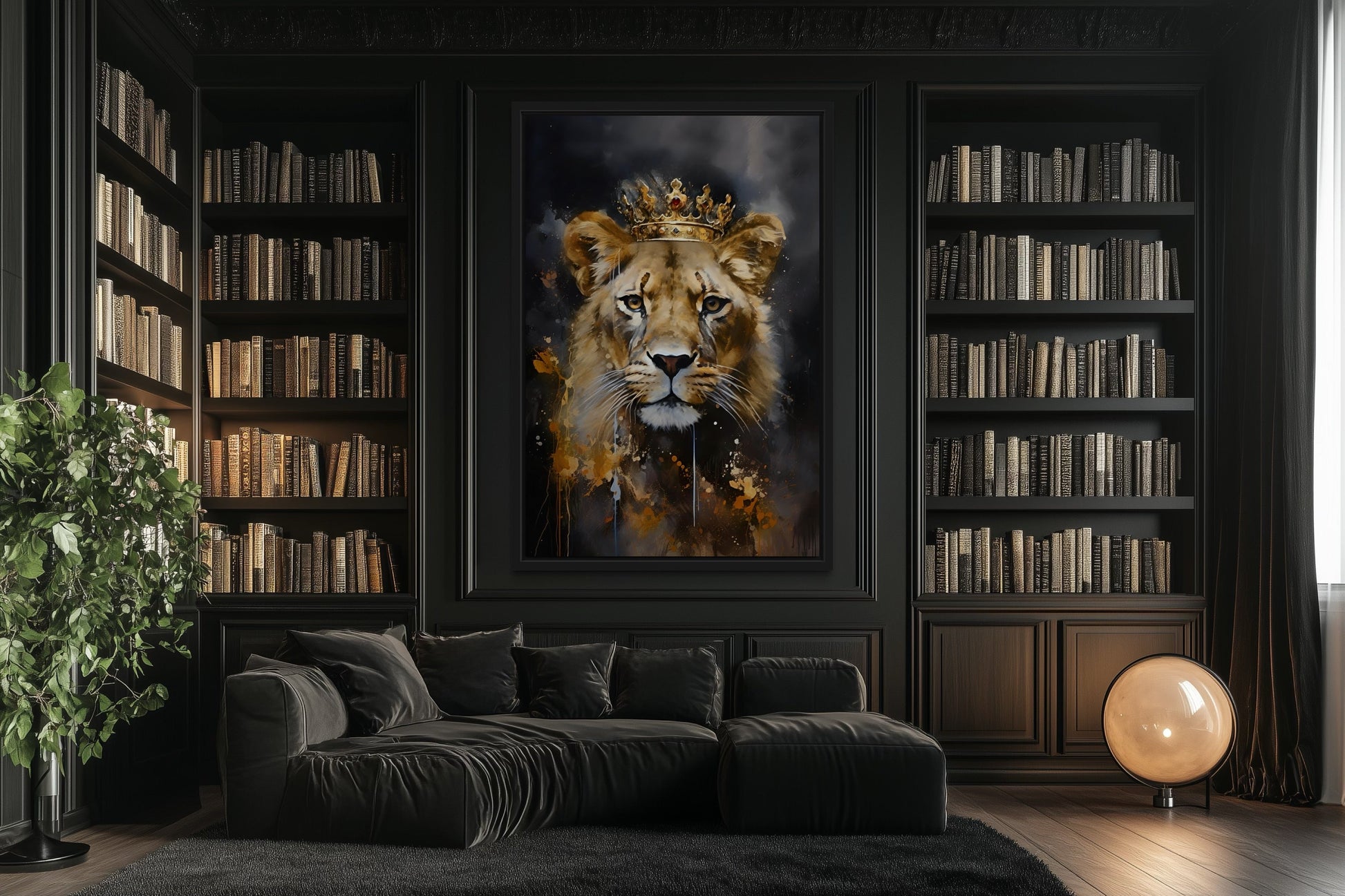 Black Gold Lioness Queen With Crown Framed Canvas Wall Art - Women's Office Decor