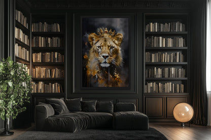 Black Gold Lioness Queen With Crown Framed Canvas Wall Art - Women's Office Decor