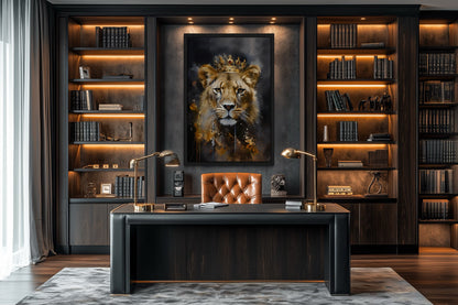 Black Gold Lioness Queen With Crown Framed Canvas Wall Art - Women's Office Decor