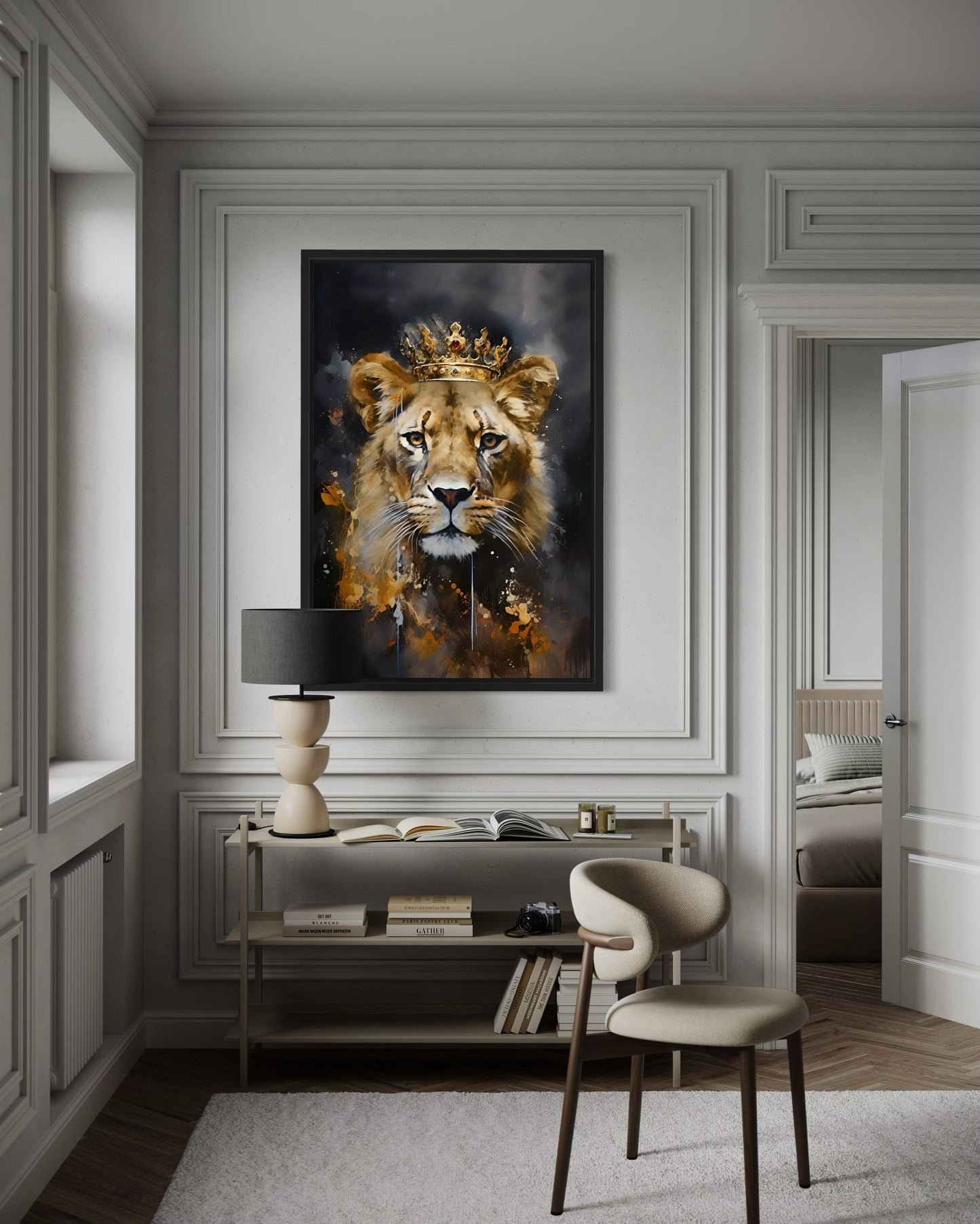 Black Gold Lioness Queen With Crown Framed Canvas Wall Art - Women's Office Decor