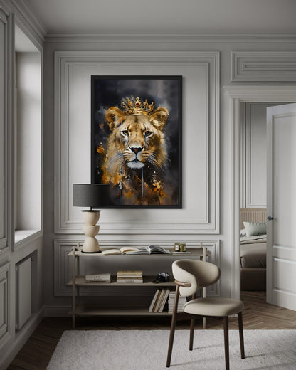 Black Gold Lioness Queen With Crown Framed Canvas Wall Art - Women's Office Decor