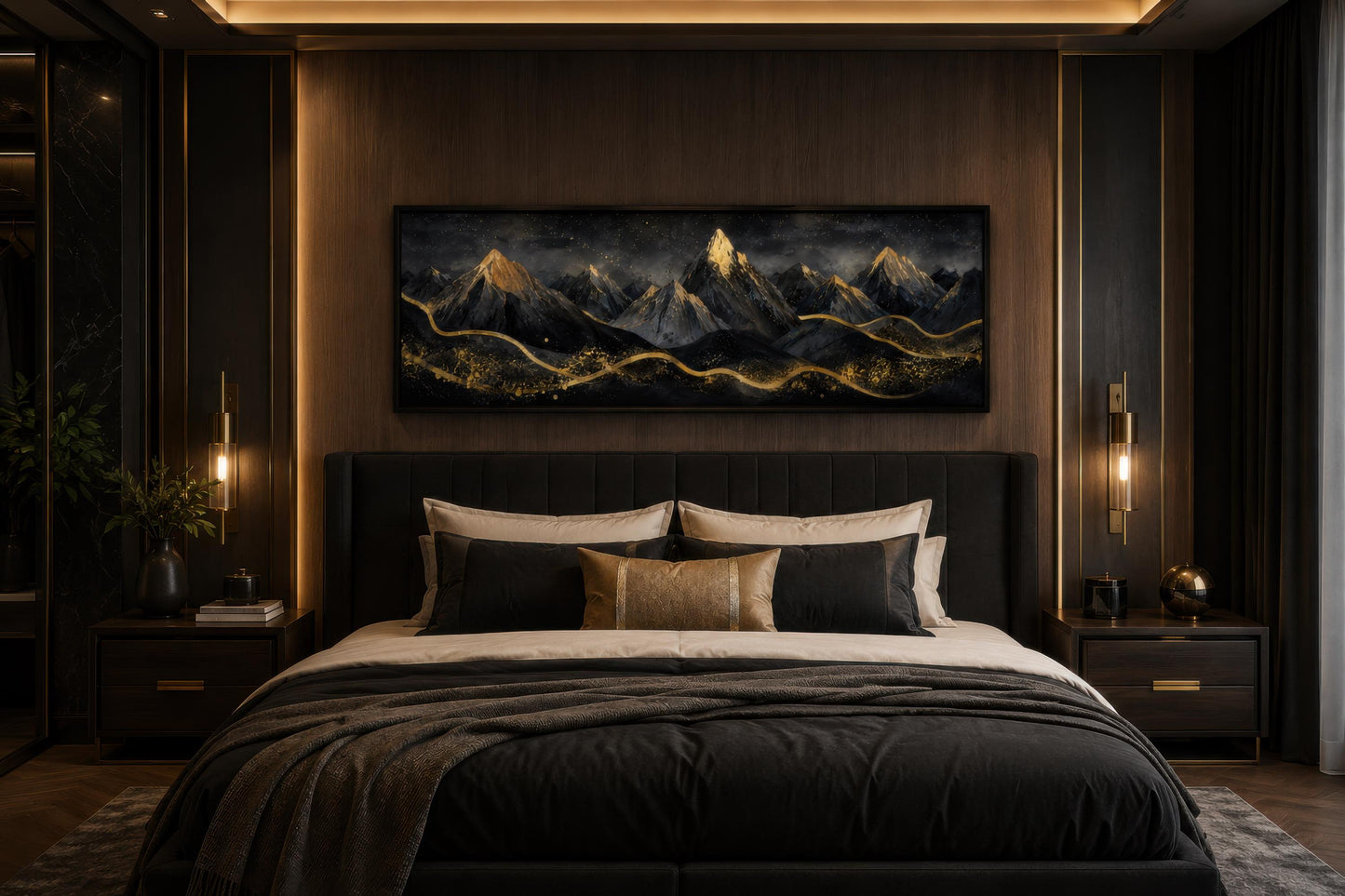 Black Gold Mountain Art - Long Narrow Canvas Wall Hanging | Bedroom Decor