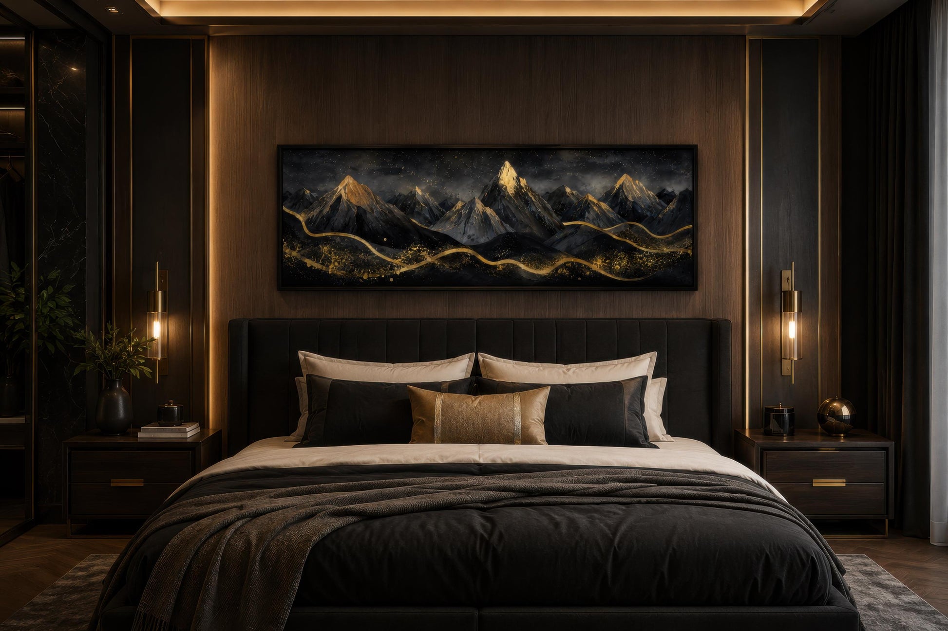 Black Gold Mountain Art - Long Narrow Canvas Wall Hanging | Bedroom Decor