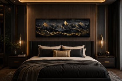 Black Gold Mountain Art - Long Narrow Canvas Wall Hanging | Bedroom Decor