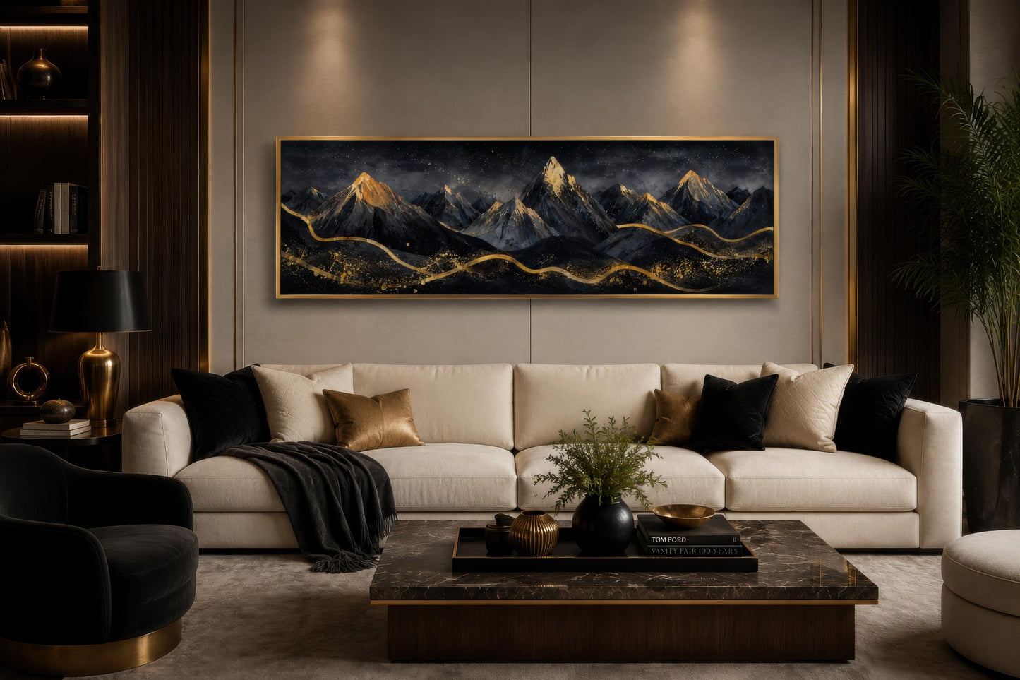 Black Gold Mountain Art - Long Narrow Canvas Wall Hanging | Bedroom Decor