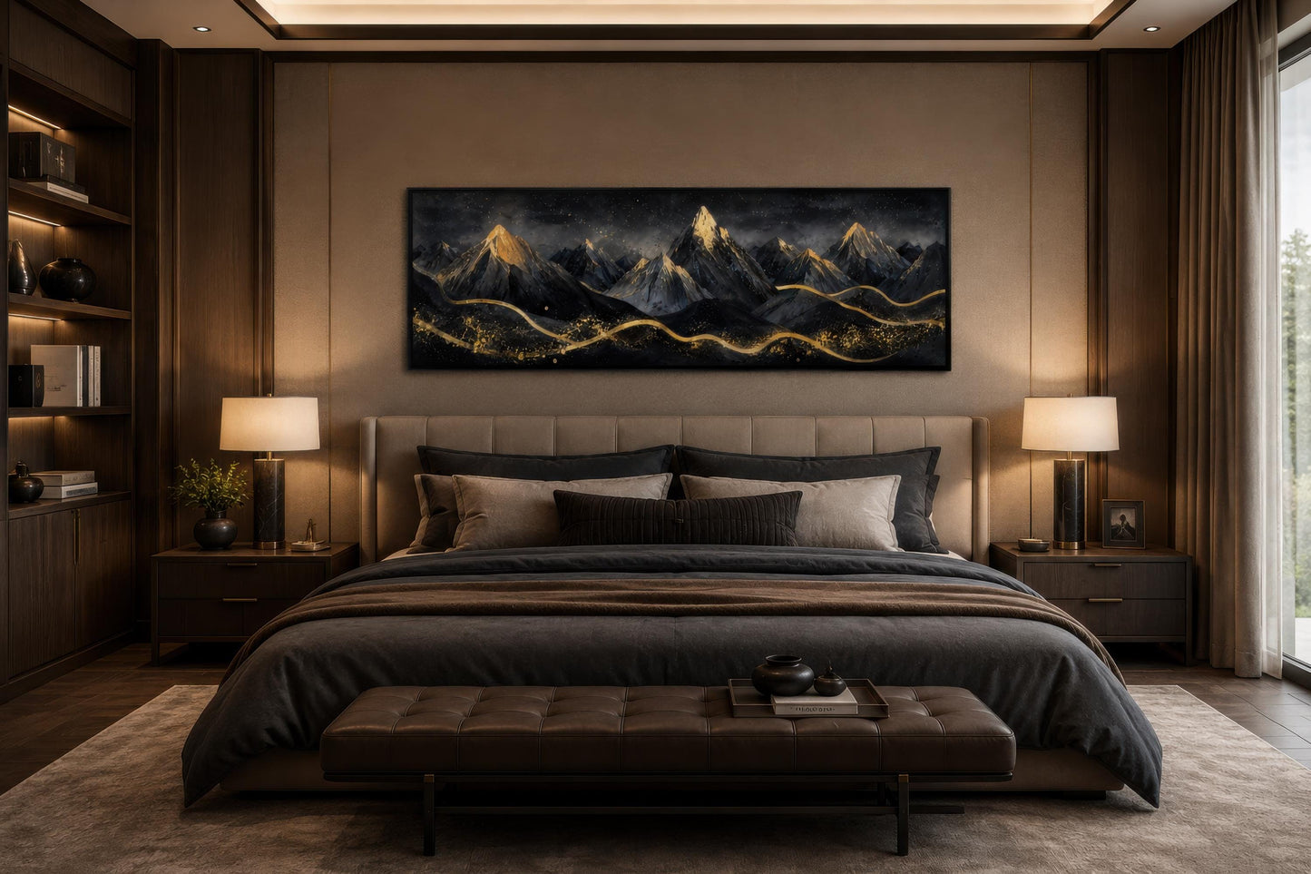 Black Gold Mountain Art - Long Narrow Canvas Wall Hanging | Bedroom Decor