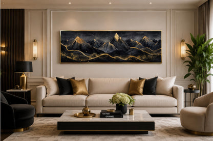 Black Gold Mountain Art - Long Narrow Canvas Wall Hanging | Bedroom Decor