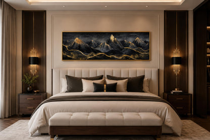 Black Gold Mountain Art - Long Narrow Canvas Wall Hanging | Bedroom Decor
