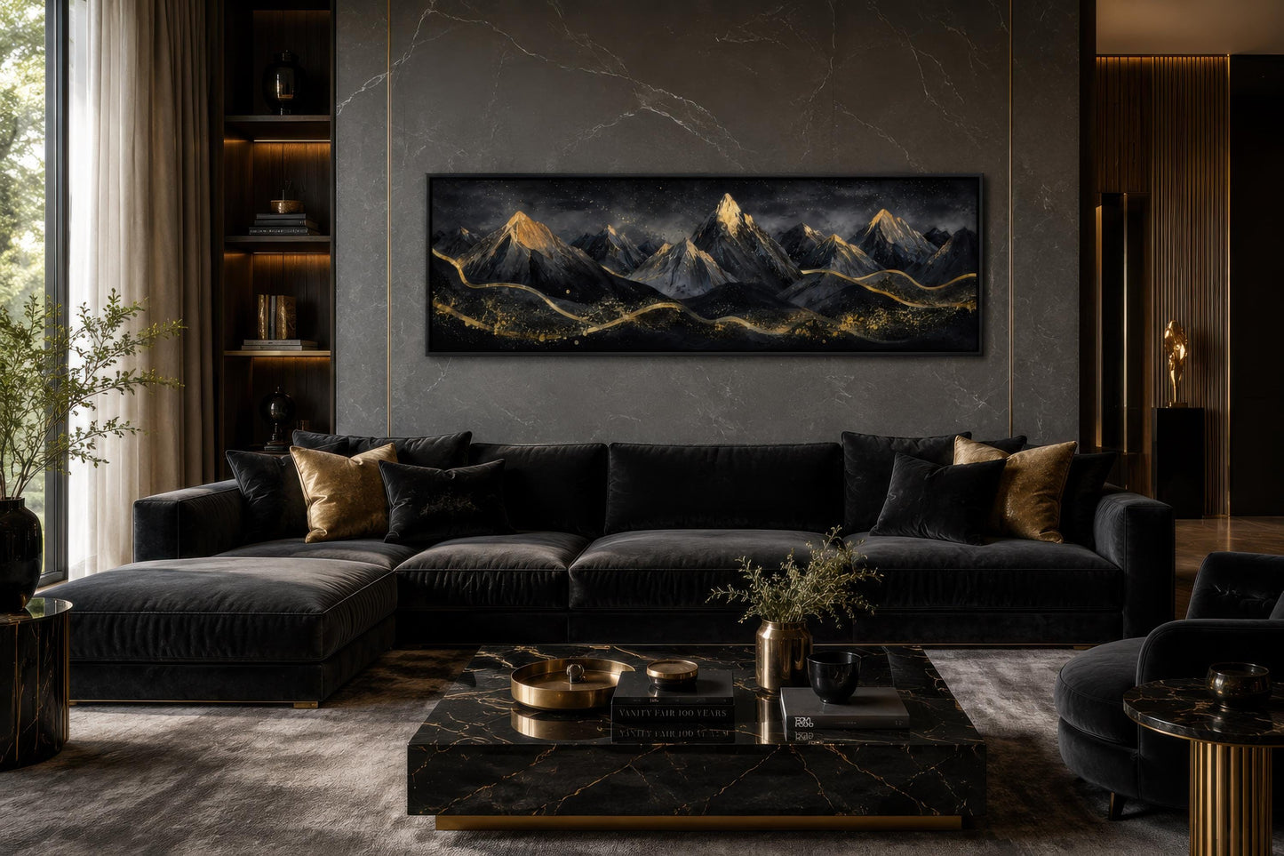 Black Gold Mountain Art - Long Narrow Canvas Wall Hanging | Bedroom Decor