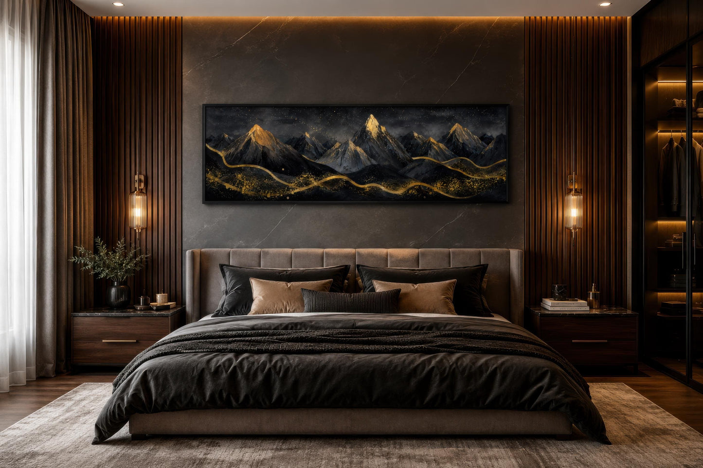 Black Gold Mountain Art - Long Narrow Canvas Wall Hanging | Bedroom Decor