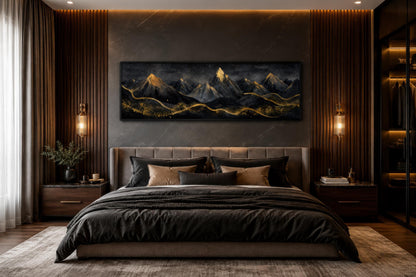 Black Gold Mountain Art - Long Narrow Canvas Wall Hanging | Bedroom Decor