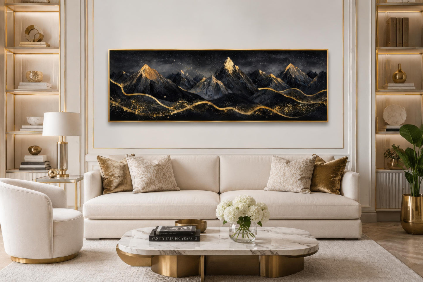 Black Gold Mountain Art - Long Narrow Canvas Wall Hanging | Bedroom Decor