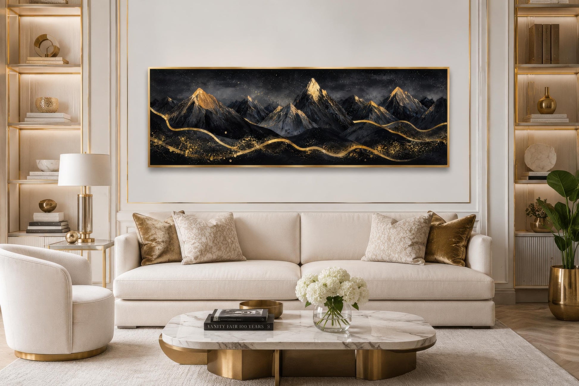 Black Gold Mountain Art - Long Narrow Canvas Wall Hanging | Bedroom Decor