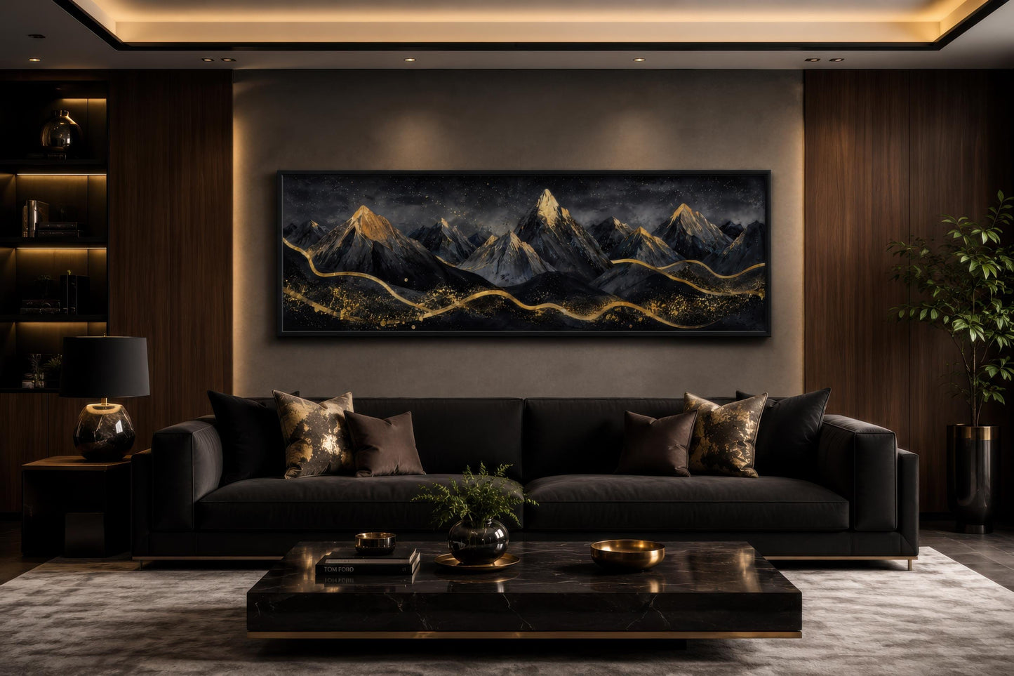 Black Gold Mountain Art - Long Narrow Canvas Wall Hanging | Bedroom Decor