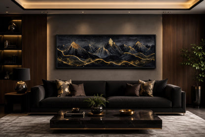 Black Gold Mountain Art - Long Narrow Canvas Wall Hanging | Bedroom Decor