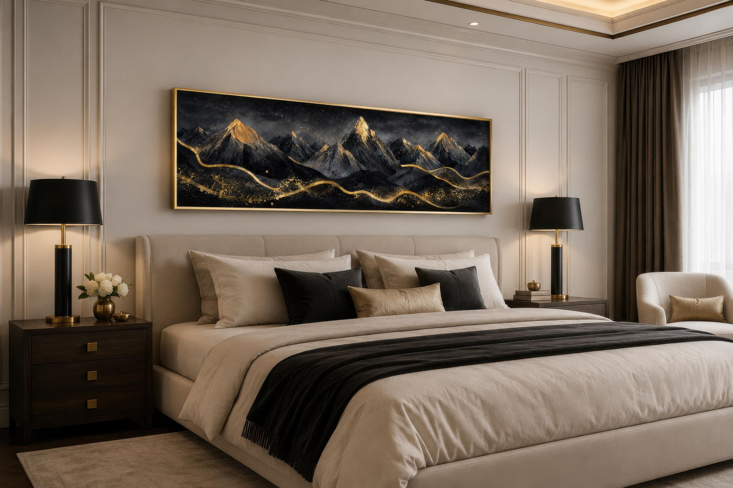 Black Gold Mountain Art - Long Narrow Canvas Wall Hanging | Bedroom Decor
