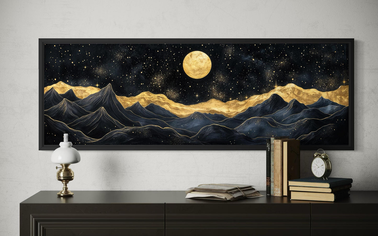 Black Gold Mountain Wall Art – Moonlit Night Landscape Canvas Print, Abstract Nature Painting
