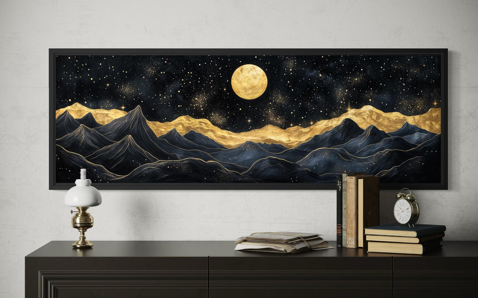 Black Gold Mountain Wall Art – Moonlit Night Landscape Canvas Print, Abstract Nature Painting