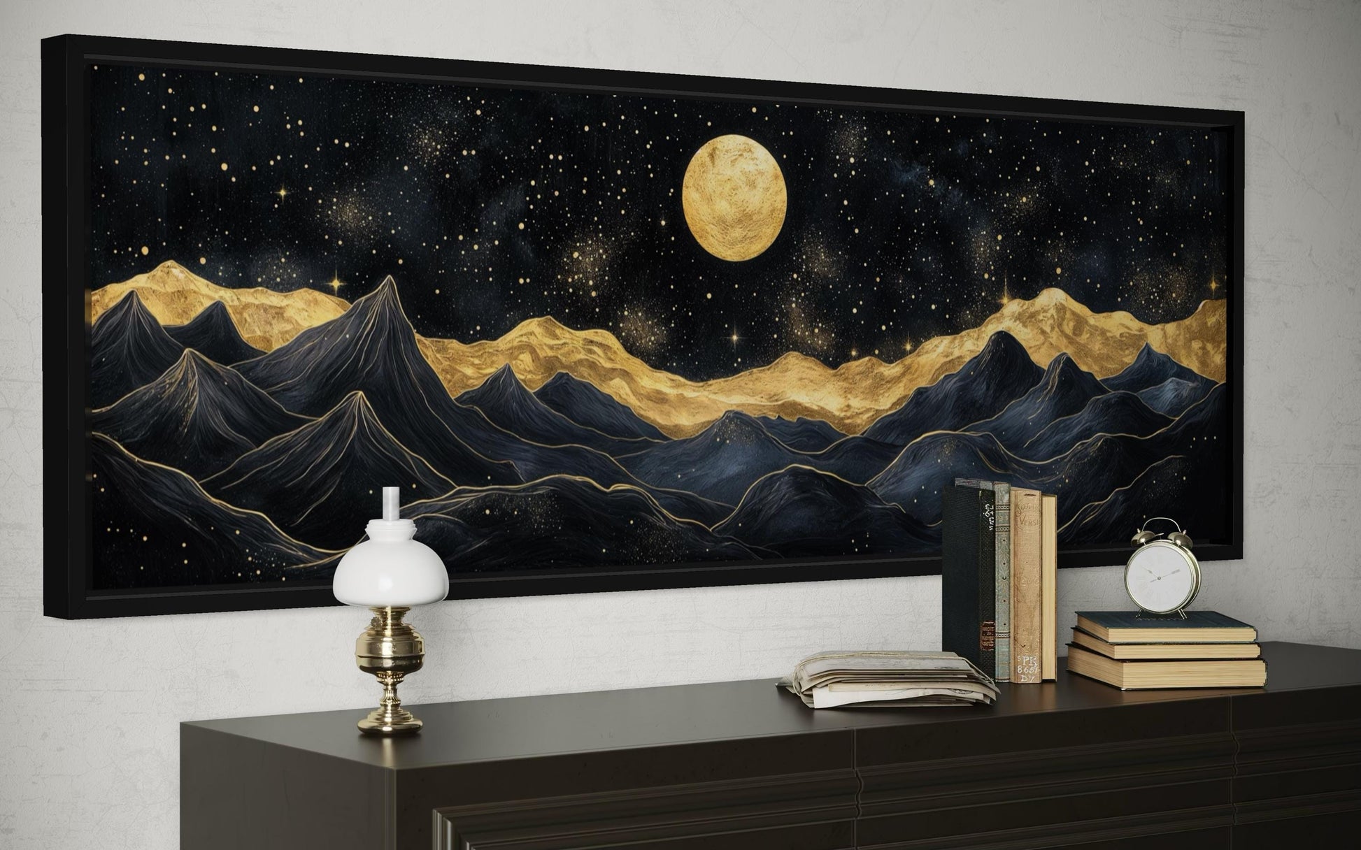 Black Gold Mountain Wall Art – Moonlit Night Landscape Canvas Print, Abstract Nature Painting