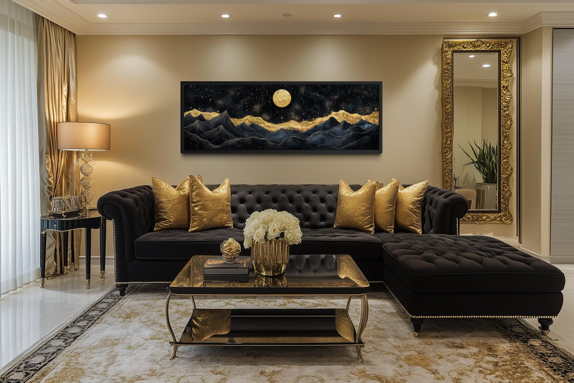 Black Gold Mountain Wall Art – Moonlit Night Landscape Canvas Print, Abstract Nature Painting